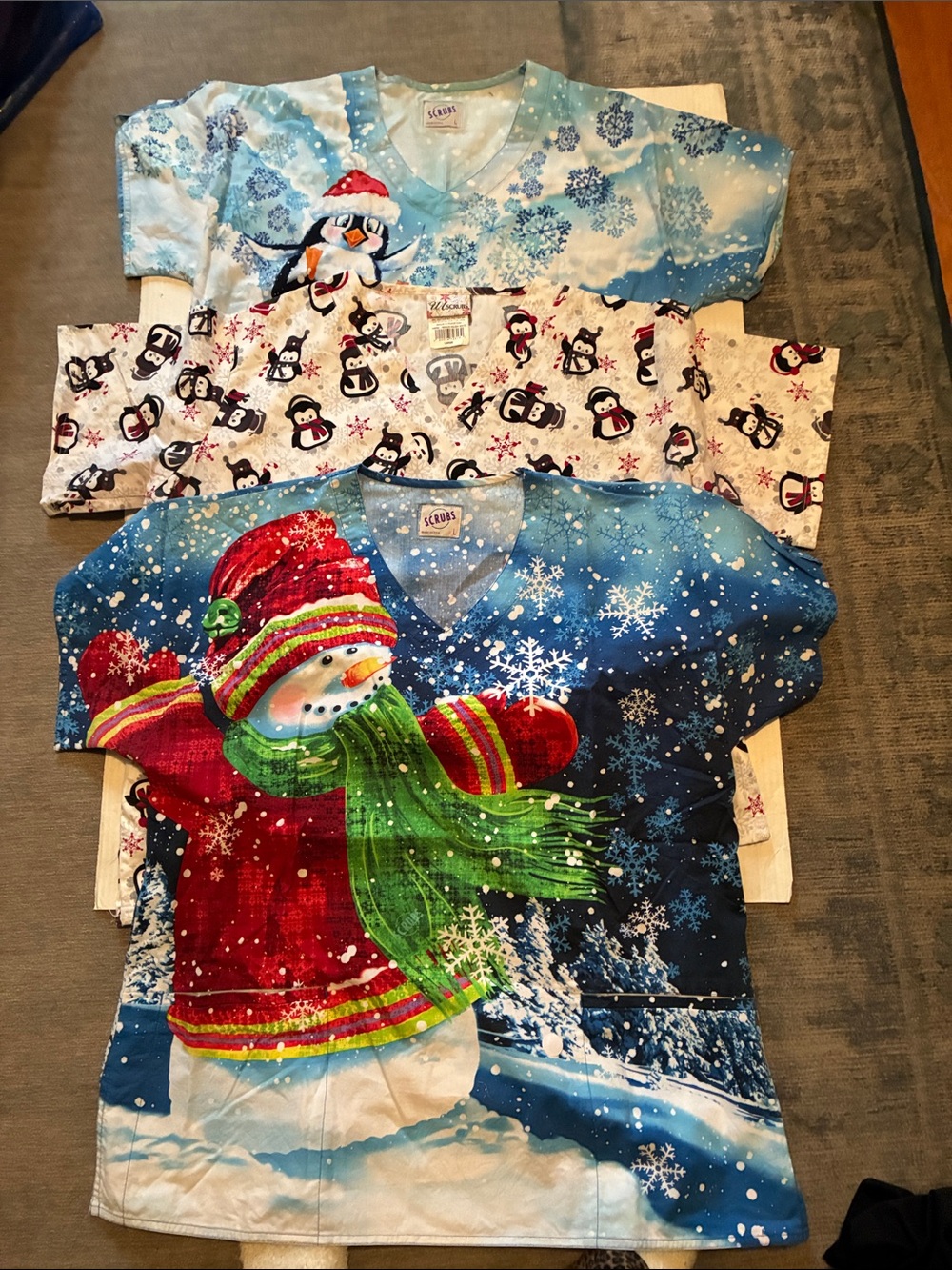 SCRUBS Three Tops in Winter Scenes with Pockets Size L but run Large